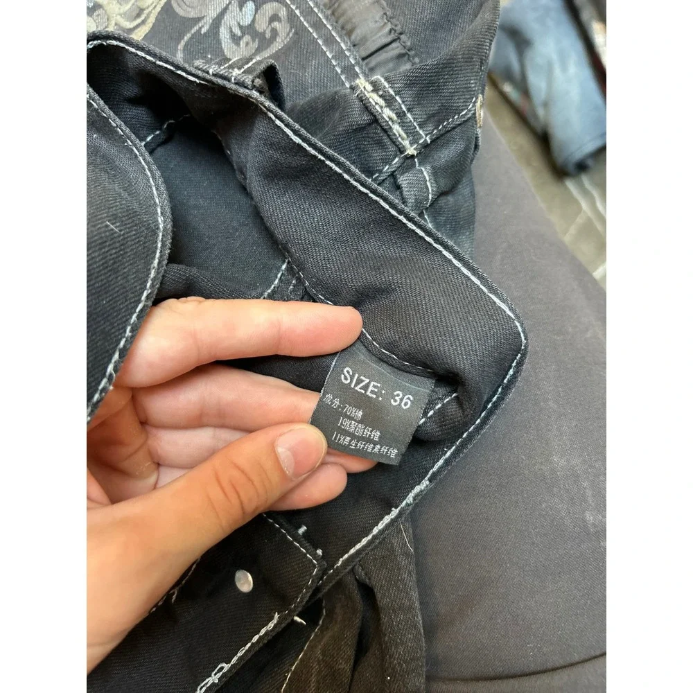 Mens Y2K Embroidered Wing Wide Leg Jeans Black Faded Streetwear 36x32